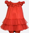 Bonnie Jean multi-tiered red mesh dress with red bow embellished neckline.