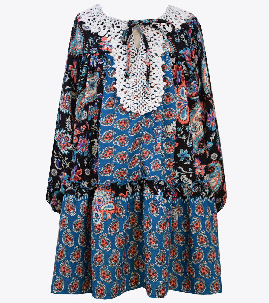 Bonnie Jean Paisley printed dress with crochet lace trim